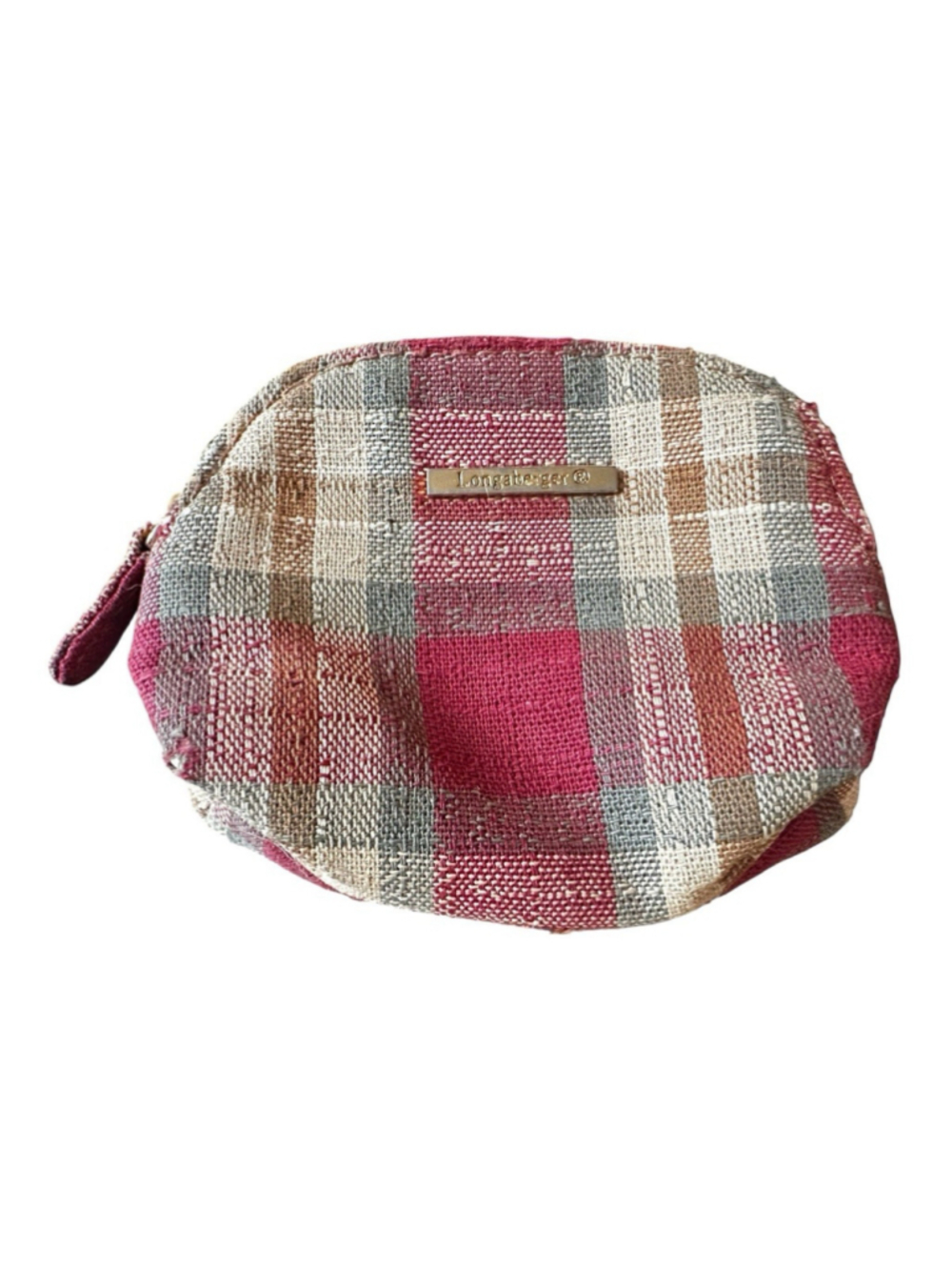 Longaberger Vintage Zip Top Orchard Plaid Coin Change Purse Key Ring